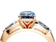 3 Stone Engagement Ring Setting for Fancy Blue Emerald Cut Center with Tapered Baguettes, Plain Band and Prong Head in Rose Gold