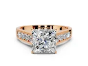 Solitaire Engagement Ring Setting for Princess Cut Center with Cathedral Channel Band and Prong Head in Rose Gold