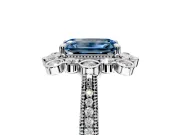 Milgrain Halo Engagement Ring Setting for Fancy Blue Emerald Cut Center with Bezel Point Accents and Prong Head in Platinum