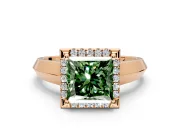 Halo Engagement Ring Setting for Fancy Green Princess Cut Center with Knife Ridge Cathedral Band and Prong Head in Rose Gold