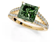 Solitaire Engagement Ring Setting for Fancy Green Princess Cut Center with Pave Split Shank and Prong Head in Yellow Gold