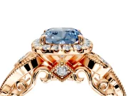 Milgrain Halo Engagement Ring Setting for Fancy Blue Cushion Cut Center with Shoulder Bezels and Prong Head in Rose Gold