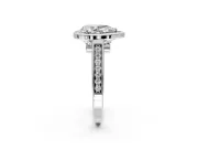 Halo Engagement Ring Setting for Pear-Shaped Center with Outer Bezel Rim, Pave Band and Prong Head in Platinum