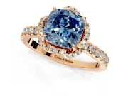 Halo Engagement Ring Setting for Fancy Blue Cushion Cut Center with Openwork Halo, Pave Band and Prong Head in Rose Gold