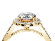 Halo Engagement Ring Setting for Oval Center with Narrowing Pave Band and Prong Head in Yellow Gold
