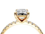 Solitaire Engagement Ring Setting for Emerald Cut Center with Fine Pave Narrow Band and Prong Head in Yellow Gold