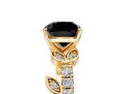 Leaf Motif Engagement Ring Setting for Fancy Black Cushion Cut Center with Pave Band and Prong Head in Yellow Gold