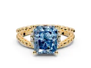 Halo Engagement Ring Setting for Fancy Blue Radiant Cut Center with Rope Twist Split Shank and Prong Head in Yellow Gold