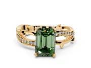 Solitaire Engagement Ring Setting for Fancy Green Emerald Cut Center with Pave and Plain Crossover Band and Prong Head in Yellow Gold