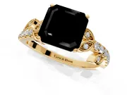 Leaf Motif Engagement Ring Setting for Fancy Black Asscher Cut Center with Pave Band and Prong Head in Yellow Gold