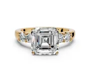 5 Stone Engagement Ring Setting for Asscher Cut Center with Plain Band and Prong Head in Yellow Gold