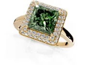 Halo Engagement Ring Setting for Fancy Green Princess Cut Center with Plain Tapered Band and Prong Head in Yellow Gold