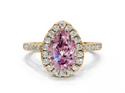 Halo Engagement Ring Setting for Fancy Pink Pear-Shaped Center with Narrowing Pave Band and Prong Head in Yellow Gold