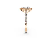 Milgrain Floral Halo Engagement Ring Setting for Pear-Shaped Center with Pave Band and Prong Head in Rose Gold