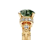Solitaire Engagement Ring Setting for Fancy Green Round Cut Center with Filigree Band and Prong Head in Yellow Gold
