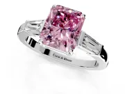 3 Stone Engagement Ring Setting for Fancy Pink Radiant Cut Center with Baguette Accents and Prong Head in Platinum
