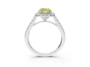 Halo Engagement Ring Setting for Fancy Yellow Cushion Cut Center with Narrowing Pave Band and Prong Head in Platinum