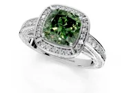 Halo Engagement Ring Setting for Fancy Green Cushion Cut Center with Framed Halo, Pave Band and Prong Head in White Gold