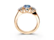 3 Stone Engagement Ring Setting for Fancy Blue Cushion Cut Center with Raised Basket Heads and Prong Head in Rose Gold