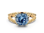 Halo Engagement Ring Setting for Fancy Blue Cushion Cut Center with Rope Twist Split Shank and Prong Head in Yellow Gold