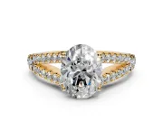Solitaire Engagement Ring Setting for Oval Center with Pave Split Shank and Prong Head in Yellow Gold