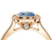 Halo Engagement Ring Setting for Fancy Blue Cushion Cut Center with Milgrain Pave Band and Bezel Head in Rose Gold