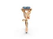 Halo Engagement Ring Setting for Fancy Blue Radiant Cut Center with Leaf Motif Split Shank and Prong Head in Rose Gold