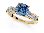 5 Stone Engagement Ring Setting for Fancy Blue Cushion Cut Center with Graduated Accents and Prong Head in Yellow Gold