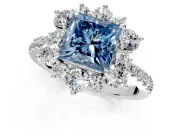 Floral Halo Engagement Ring Setting for Fancy Blue Princess Cut Center with Pave Accents and Prong Head in White Gold