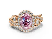 Milgrain Halo Engagement Ring Setting for Fancy Pink Oval Center with Shoulder Bezels and Prong Head in Rose Gold