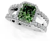 Halo Engagement Ring Setting for Fancy Green Radiant Cut Center with Wide-Open Pave Split Shank and Prong Head in Sterling Silver