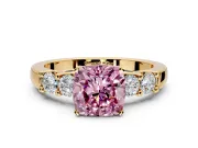 5 Stone Engagement Ring Setting for Fancy Pink Cushion Cut Center with Plain Band and Prong Head in Yellow Gold