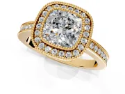 Halo Engagement Ring Setting for Cushion Cut Center with Milgrain Halo, Pave Band and Prong Head in Yellow Gold