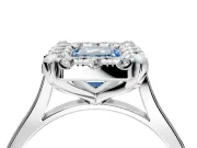 Single Halo Engagement Ring Setting for Fancy Blue Emerald Cut Center with Corner Claws, Plain Band and Prong Head in Platinum
