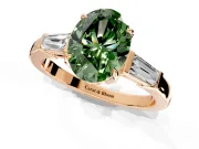 3 Stone Engagement Ring Setting for Fancy Green Oval Center with Baguette Accents and Prong Head in Rose Gold