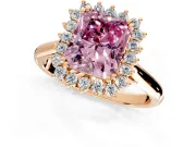 Starburst Halo Engagement Ring Setting for Fancy Pink Radiant Cut Center with Thin Round-Wire Band and Prong Head in Rose Gold