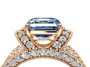 Pave Engagement Ring Setting for Fancy Blue Asscher Cut Center with Curved Accent Rows, Openwork and Prong Head in Rose Gold