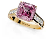 Solitaire Engagement Ring Setting for Fancy Pink Asscher Cut Center with Round Cut Channel Band and Prong Head in Yellow Gold