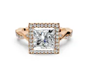 Halo Engagement Ring Setting for Princess Cut Center with Twist Band and Prong Head in Rose Gold