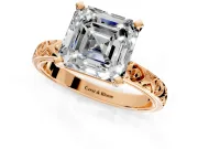 Solitaire Engagement Ring Setting for Asscher Cut Center with XO Engraved Band and Prong Head in Rose Gold
