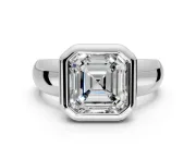 Solitaire Engagement Ring Setting for Asscher Cut Center with Wide Band and Bezel Head in White Gold