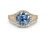 Halo Engagement Ring Setting for Fancy Blue Round Cut Center with Pave Split Shank and Prong Head in Yellow Gold