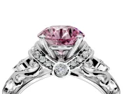 Solitaire Engagement Ring Setting for Fancy Pink Round Cut Center with Filigree Band and Prong Head in White Gold