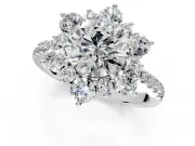 Floral Halo Engagement Ring Setting for Round Cut Center with Pave Accents and Prong Head in White Gold