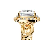 Halo Engagement Ring Setting for Princess Cut Center with Open Scroll Shoulders and Prong Head in Yellow Gold