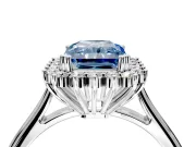 Starburst Halo Engagement Ring Setting for Fancy Blue Radiant Cut Center with Thin Round-Wire Band and Prong Head in White Gold