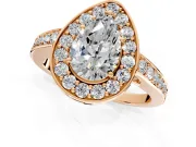 Bezel-Framed Halo Engagement Ring Setting for Pear-Shaped Center with Pave Band and Prong Head in Rose Gold