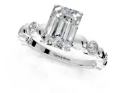 Solitaire Engagement Ring Setting for Emerald Cut Center with Beaded Bezel Station Band and Prong Head in White Gold