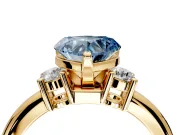 3 Stone Engagement Ring Setting for Fancy Blue Heart-Shaped Center with Wide Plain Band and Prong Head in Yellow Gold