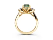 3 Stone Engagement Ring Setting for Fancy Green Cushion Cut Center with Crossover Basket, Pave Band and Prong Head in Yellow Gold